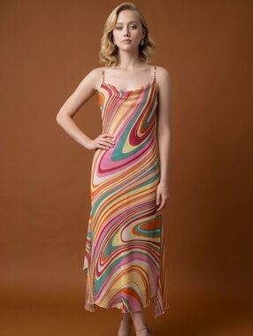 Vintage Marquise Multicolor Swirl Slip Dress - Pink, Yellow, Green, Orange, Blue